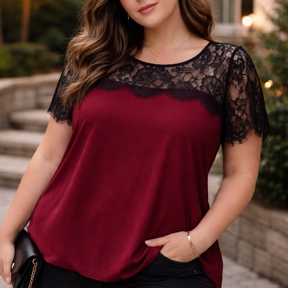 torrid Tops - Torrid Burgundy Lace Yoke Blouse Size 2 plus romantic sheer black lace